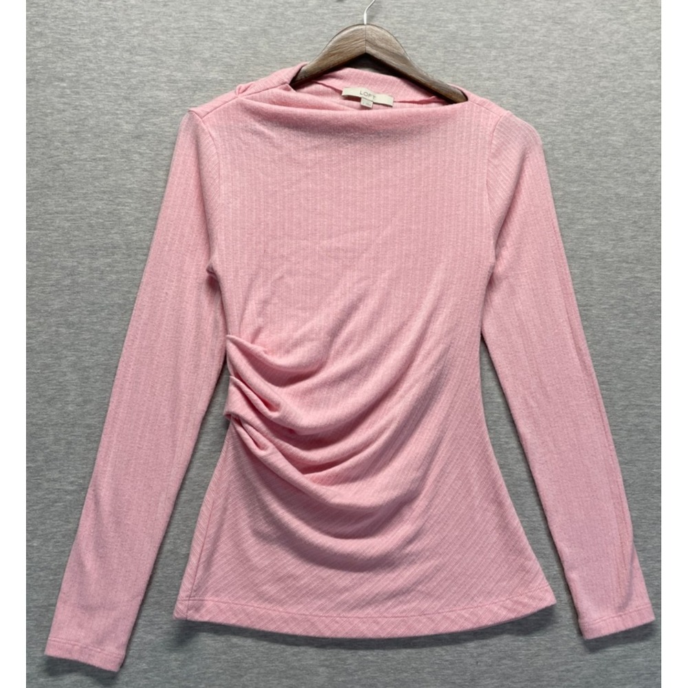 Loft Ribbed Knit Top Womens Small Pink Rayon Boat Neck Asymmetrical Ruched Side